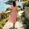 Women Casual Loose Fit Vintage Style Cotton Linen Short Sleeve V Neck Tie Waist Midi Dress for Everyday Wear Summer