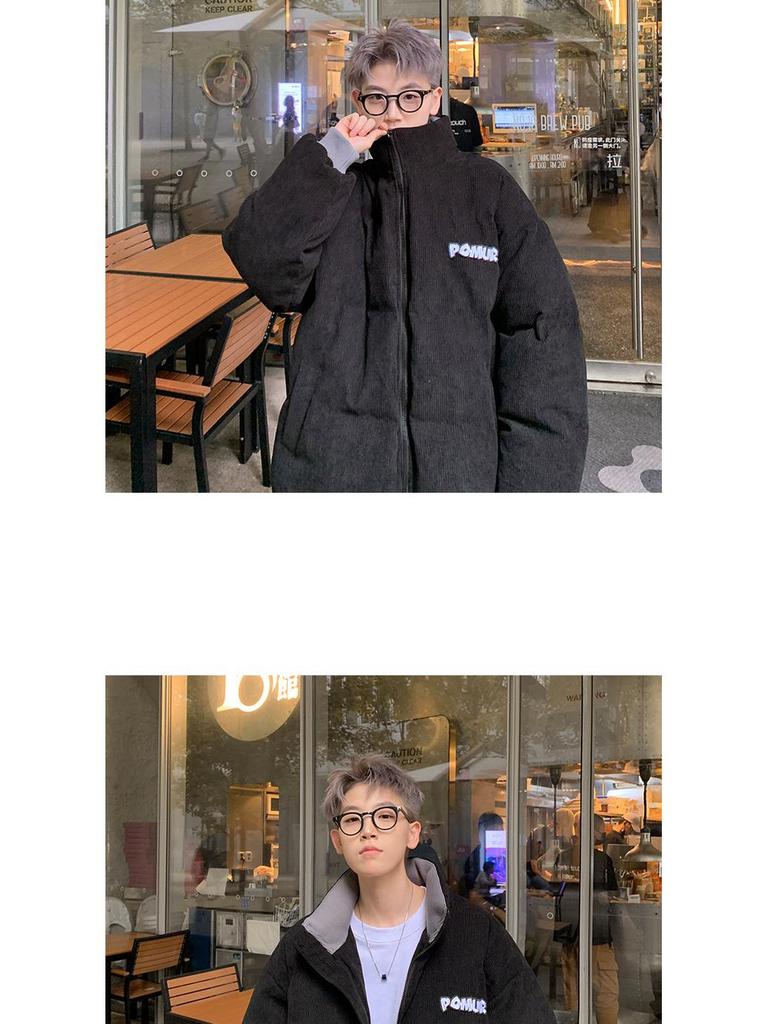 Men's Retro Corduroy Stand Collar Jacket, Autumn/Winter, Thickened with Letter Patch, Color Melange, Cotton Padded Outerwear.