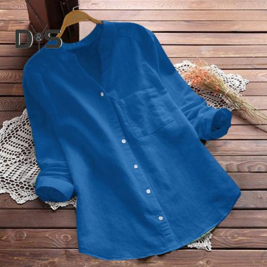 Dame vår høstskjorte topp ensfarget løs passform pustende stoff V-hals lange ermer Single-breasted Casual Top Streetwear