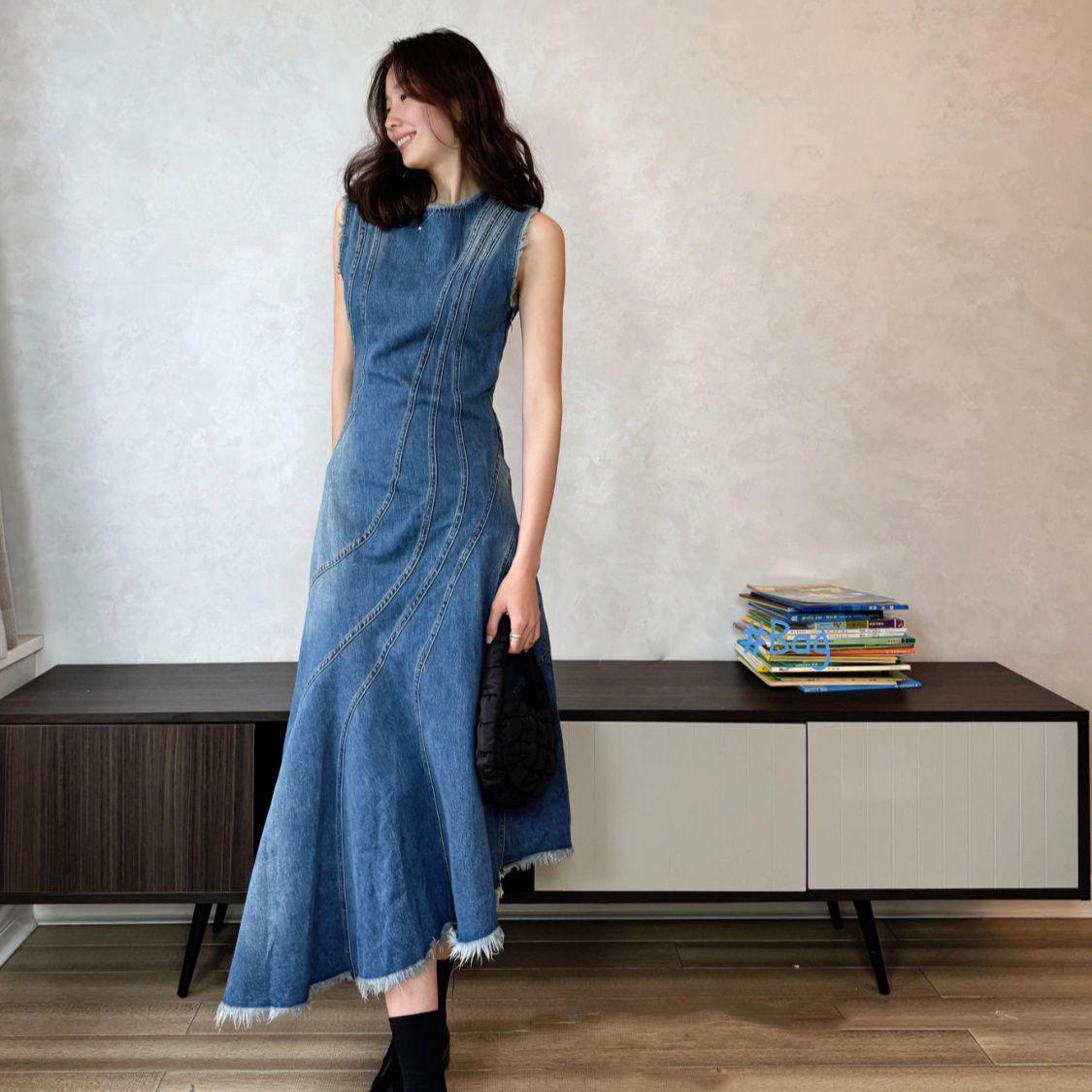 Women s French Retro Sleeveless Denim A-line Dress XL (Recommended 57.5kg-65kg)