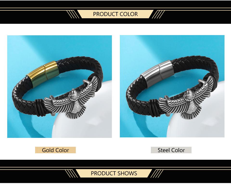 Dawapara Punk Flying Eagle Owl Bangle Bracelet 20cm Black Leather Wristband for Men Stainless Steel Jewelry