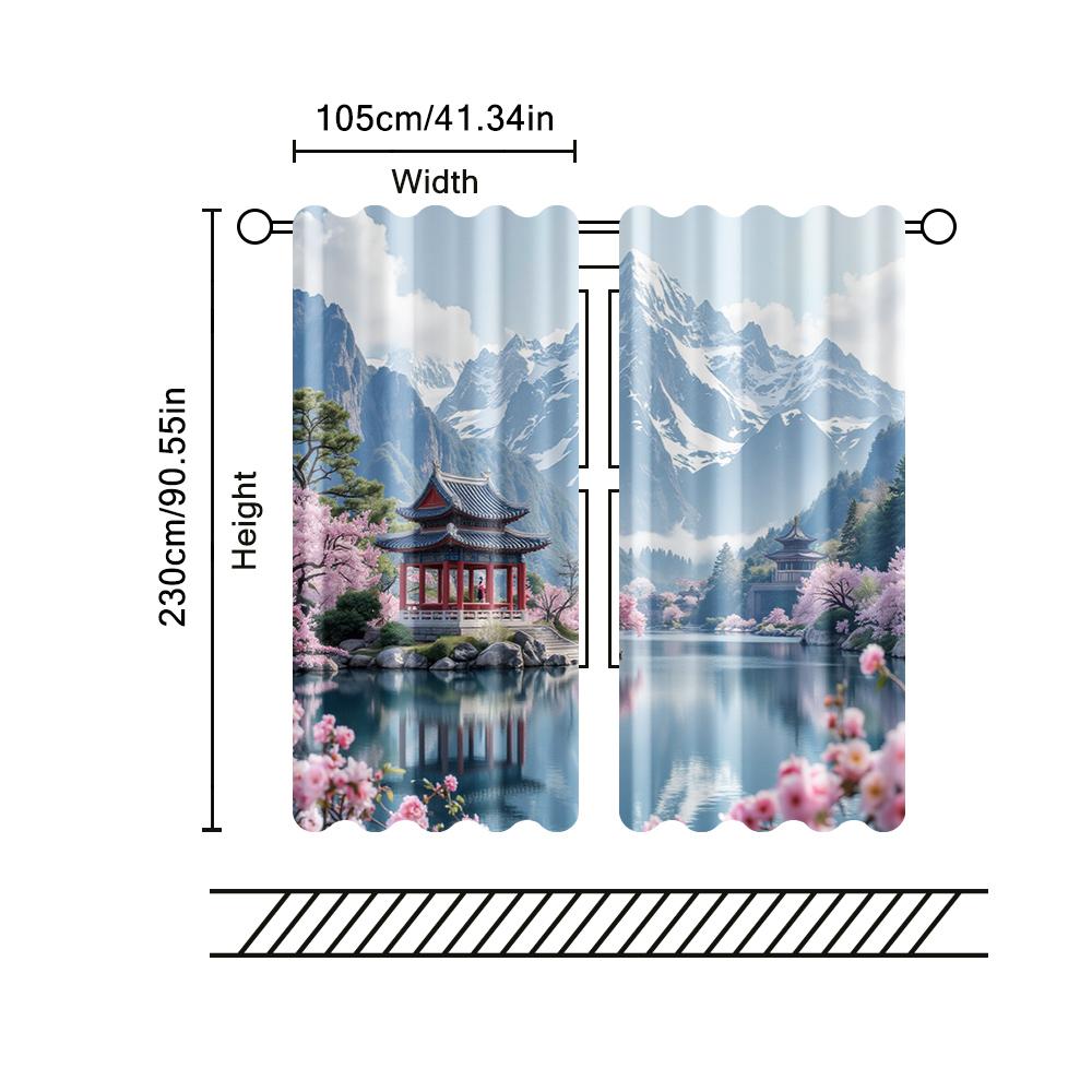 Set Of 2 Filtering Curtains Excluding Rods Non Movable Without Batteries Cherry Blossom Mountain Use Bedrooms Curtain Polyester Ideal For Master