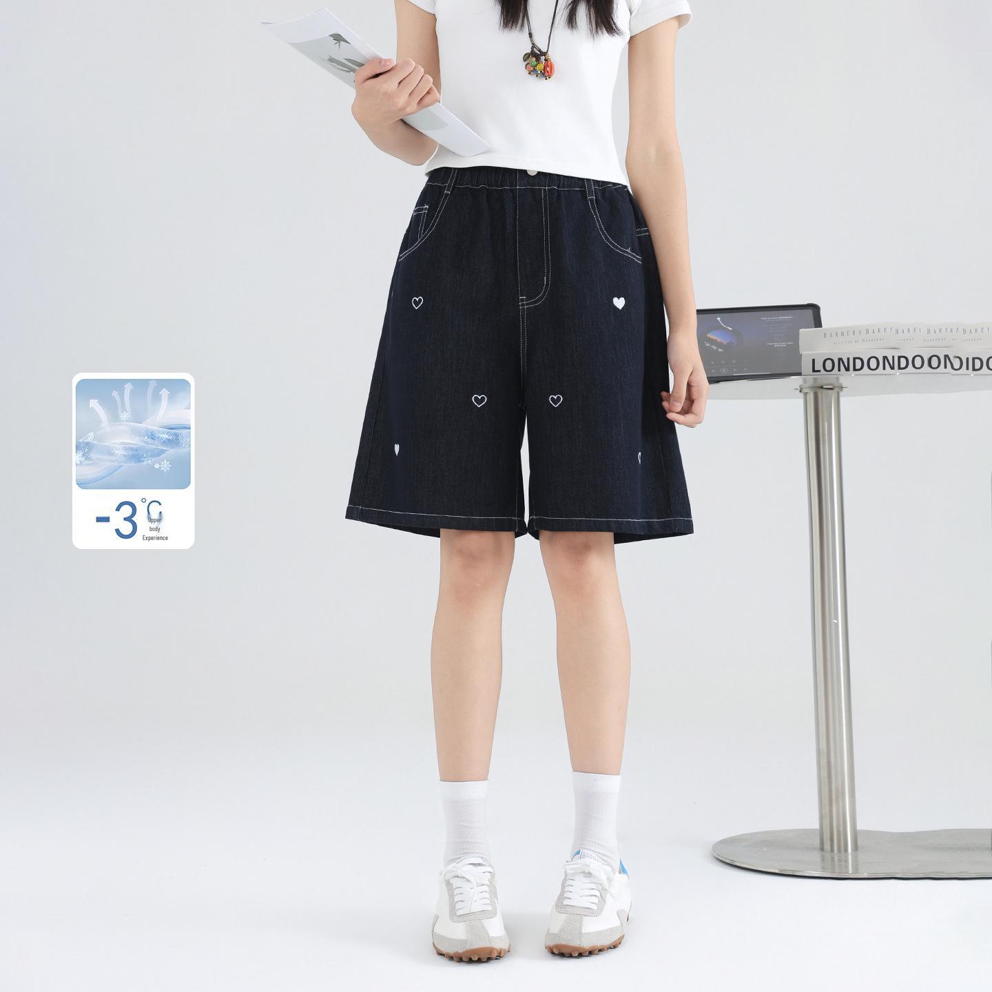 2026 Summer Girls Junior High Denim Shorts - Casual, Lightweight, Five-Point Style 150 cm