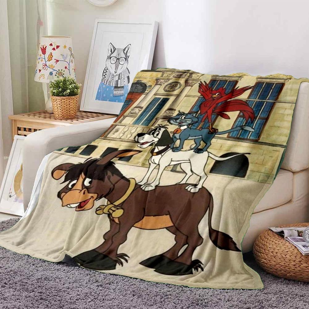 Vintage Cartoon Donkey Dog Cat Rooster Print Flannel Blanket Classic Fairy Tale Character Soft Throw Blanket Kids Bedroom Decor