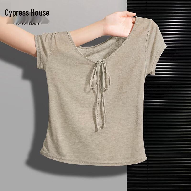 Sibaishe Women s Solid V-Neck Short Sleeve Tie-Waist T-Shirt M