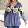 Women's Plus Size Shirt Long Sleeve  Print Top Pleated Casual V-Neck Top