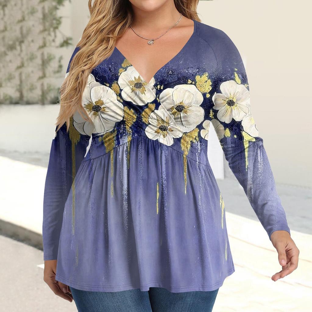 Women's Plus Size Shirt Long Sleeve  Print Top Pleated Casual V-Neck Top