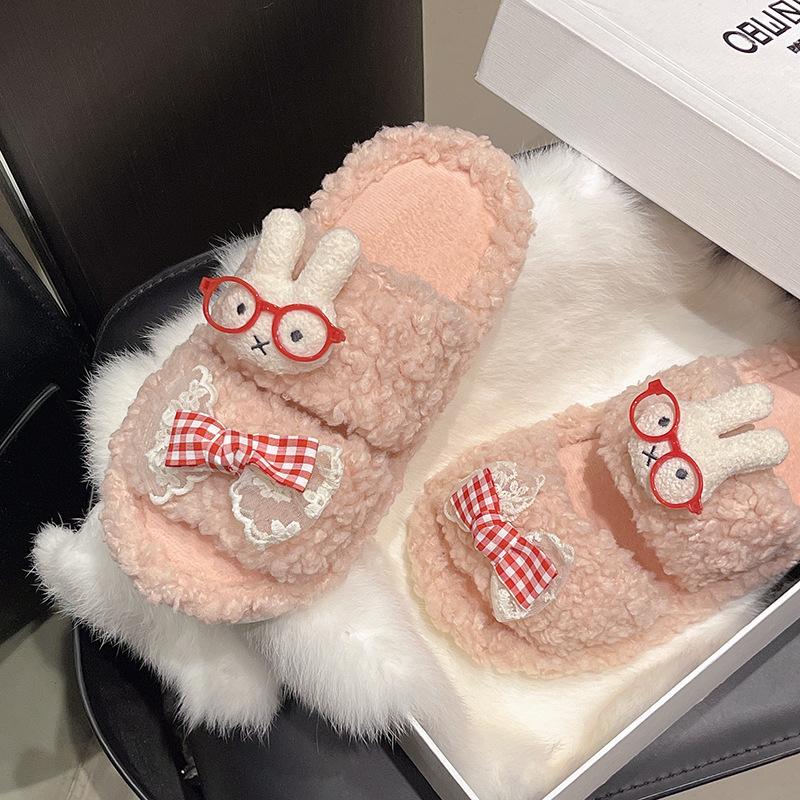 Niedliche Cartoon flauschige Hausschuhe Damen 2025 Herbst und Winter neu Außenbekleidung rutschfest flauschig warm Charakter Baumwollmopp