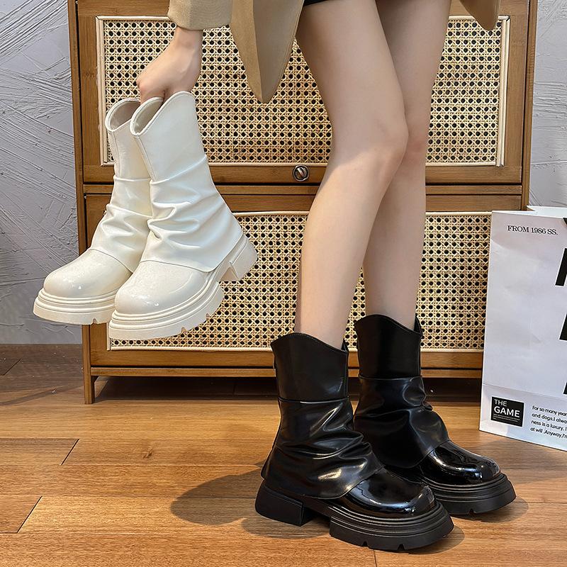 Martin Boots Women's British Style Autumn Popular Autumn and Winter New European and American Thick Bottom Solid Color Round Head Rear Zipper T