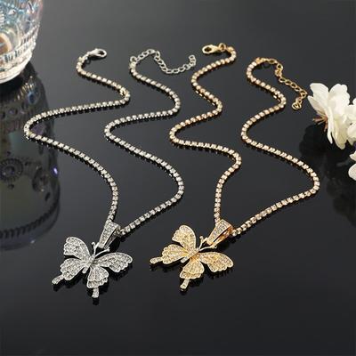 2PCS Gold-color and Copper-plated Necklace Small Fresh Butterfly Pendant with Full Diamonds Clavicle Jewelry