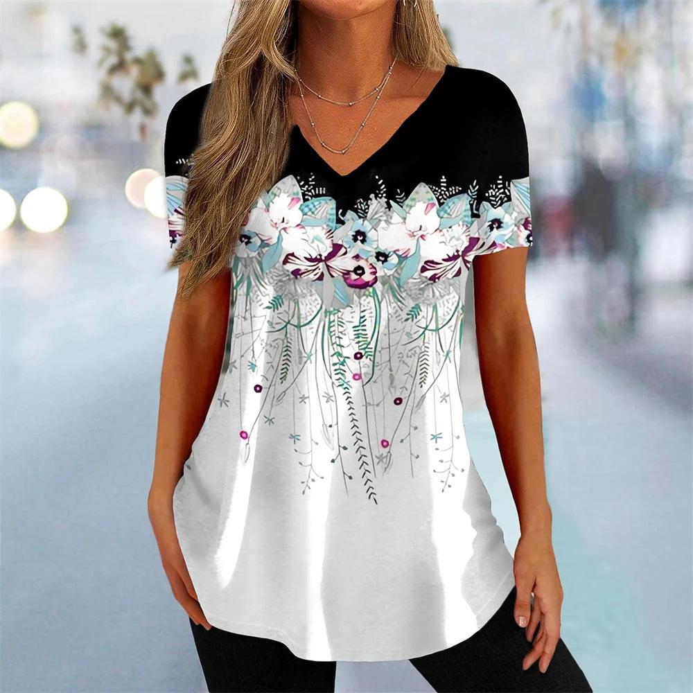 Minimalist Flower Print 3D Printed Women's Fashionable V-neck Short Sleeved T-shirt