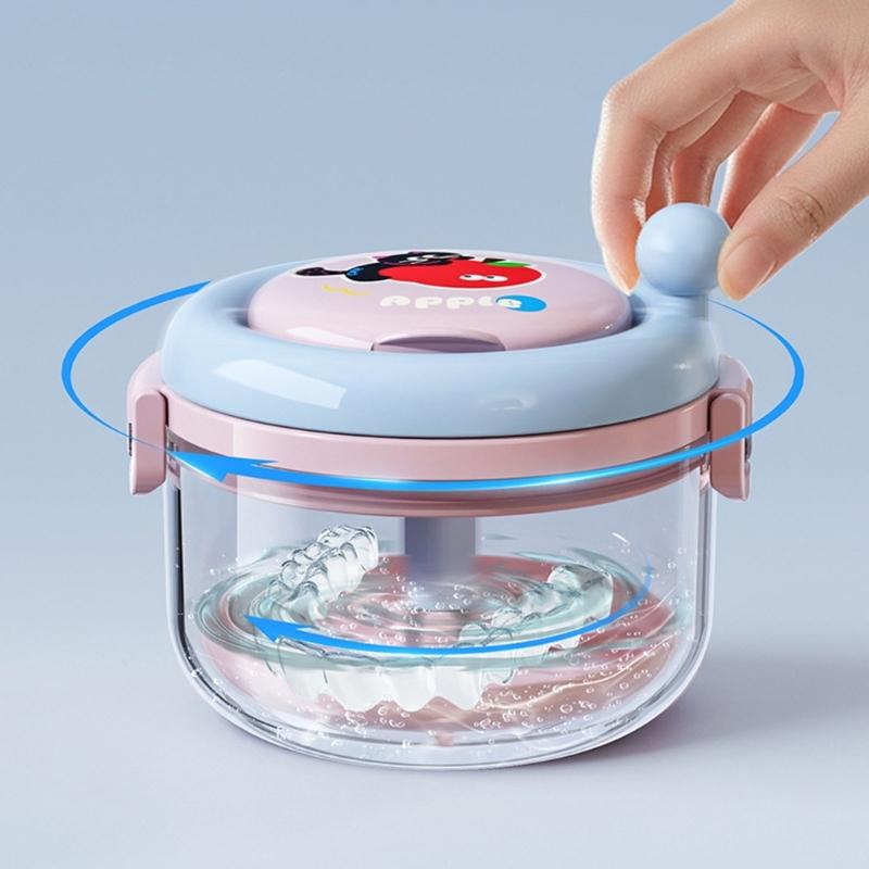 Portable Denture Cleaning Box Featuring Mirror Compartment Hand Cranked Retainer Organizers