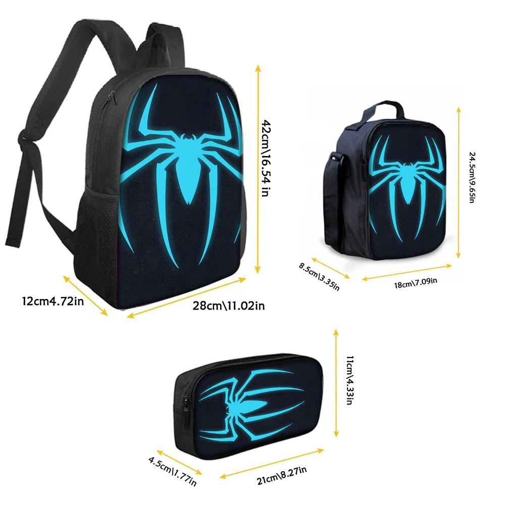 3PCS Blue Spider Print Backpack Set | Roomy Casual Backpack with Matching Clutch & Tote Bag, Ideal for School, Travel, Daily Use