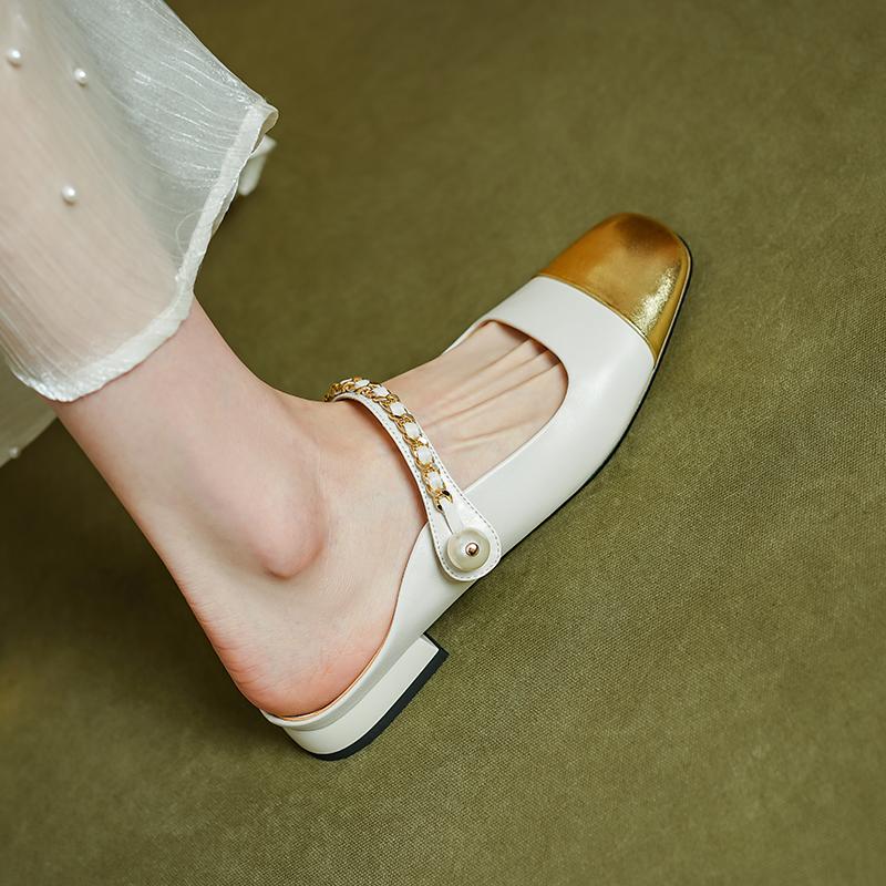 Fashion 2024 Summer Women Mules Genuine Leather Shoes for Women Cover Toe Low Heel Slippers Square Toe Sandals Internal Elevation Shoes