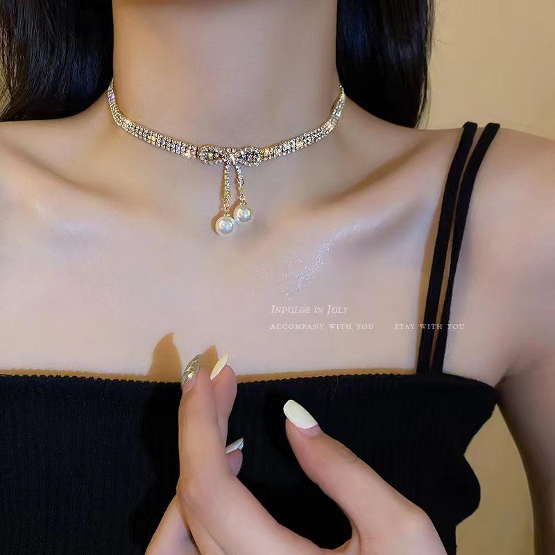 Trendy Summer Bow & Rhinestone Tassel Choker Necklace for Women