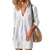 Cotton Linen V Neck 3/4 Sleeve Beach Cover Up Casual Loose Solid Color Oversized Tunic Dress Summer Short Kaftan For Women