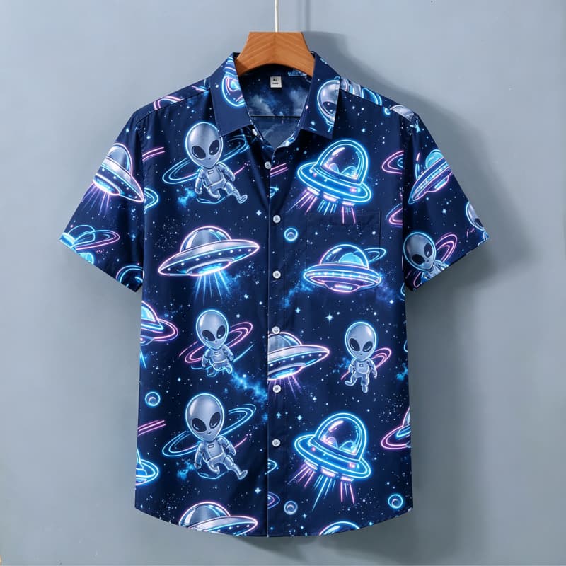 Herren Neon Print Hemd, Kurzarmhemd mit Taschen, Buntes Party-Atmosphäre Oberteil, Geeignet für den täglichen Gebrauch und den Urlaub