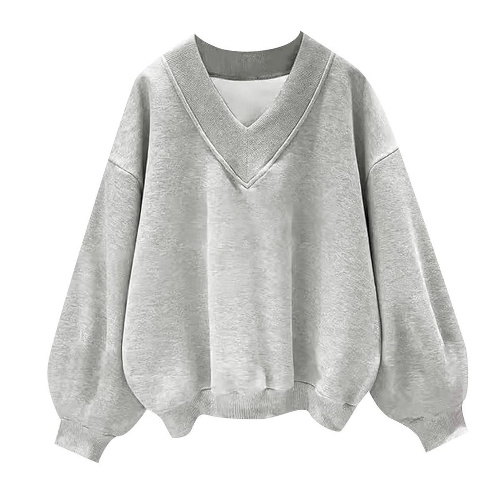 Felpe da donna con scollo a V, maniche lunghe, oversize, tinta unita, casual, vestibilità ampia, atletiche, da allenamento