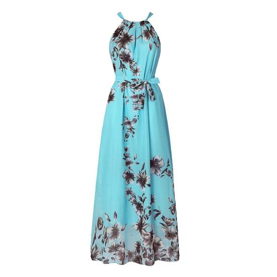 Women Beach Dress Flower Printing Bohemian Sleeveless Lace Up Tight Waist Dress-up Backless Loose Women Maxi Dress Female Clothes