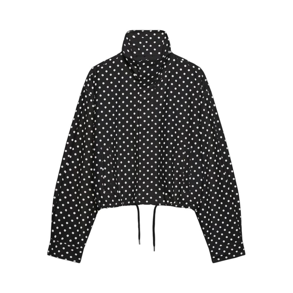 Chaqueta Ligera de Mujer con Cuello Alto, Lunares, Mangas Abullonadas, Dobladillo con Cordón, Ropa Exterior Casual