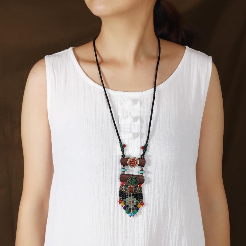 Retro Fringed Necklace Women's Woven Long Wooden Chalcedony Pendant Literary Temperament Sweater Chain with Jewelry