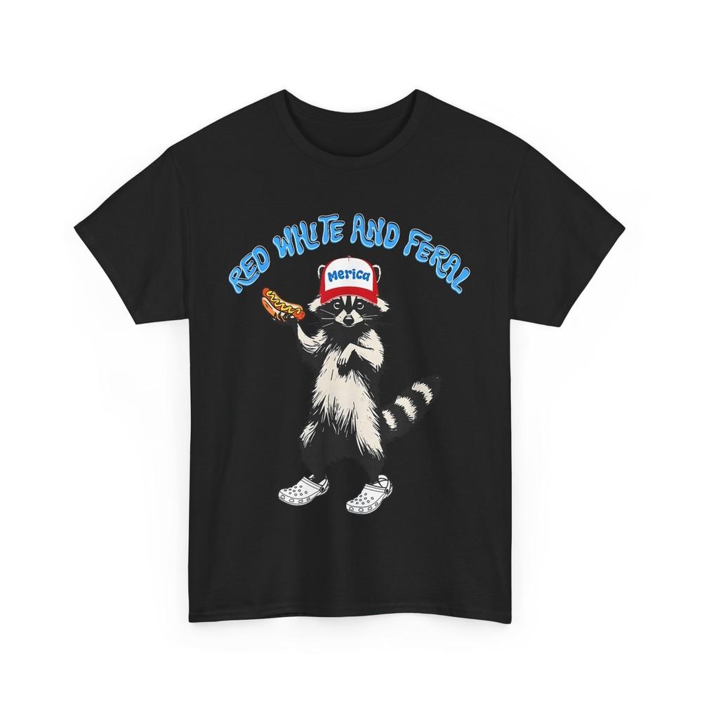 

Red White And Feral 4th of July Raccoon Hot Dog Women Men Patriotic T-Shirt M