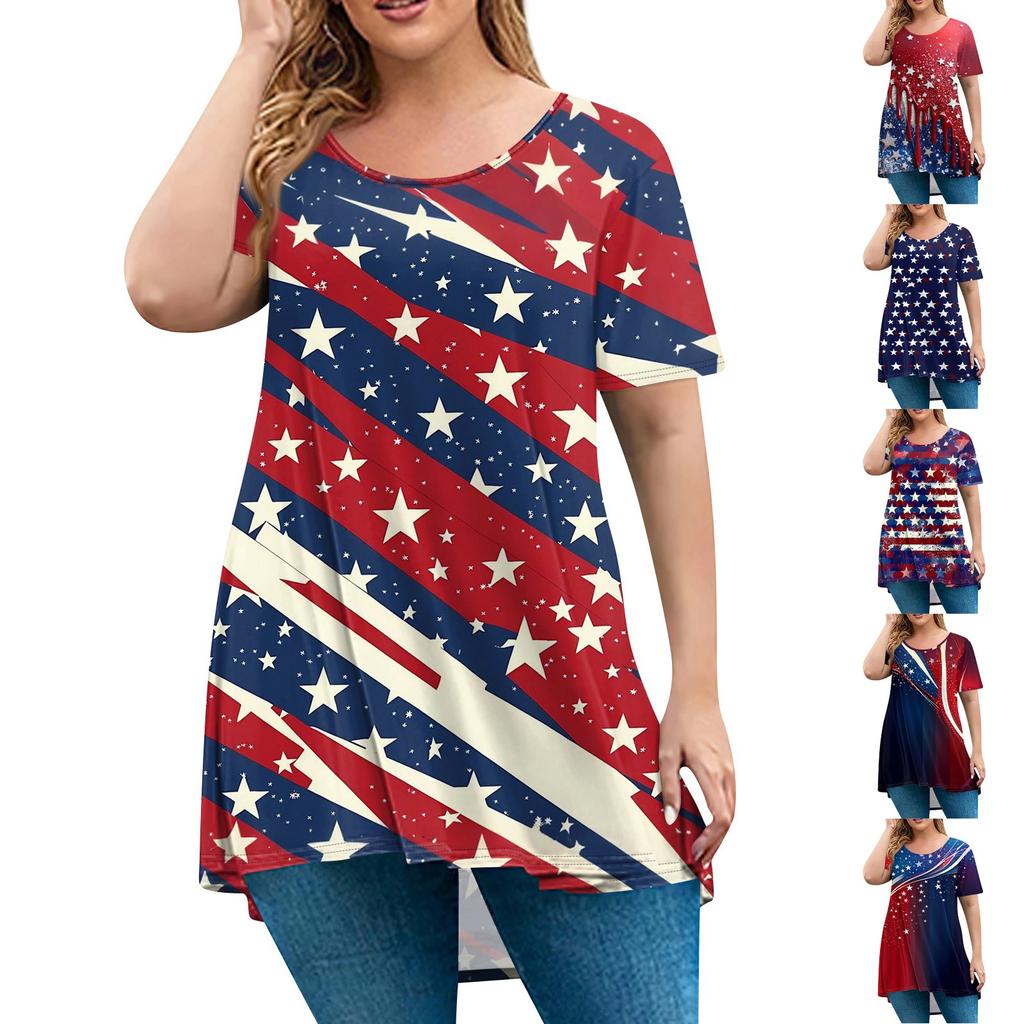 Damenmode Große Größe Rundhals Kurzarm Casual Print Lose Pullover Top