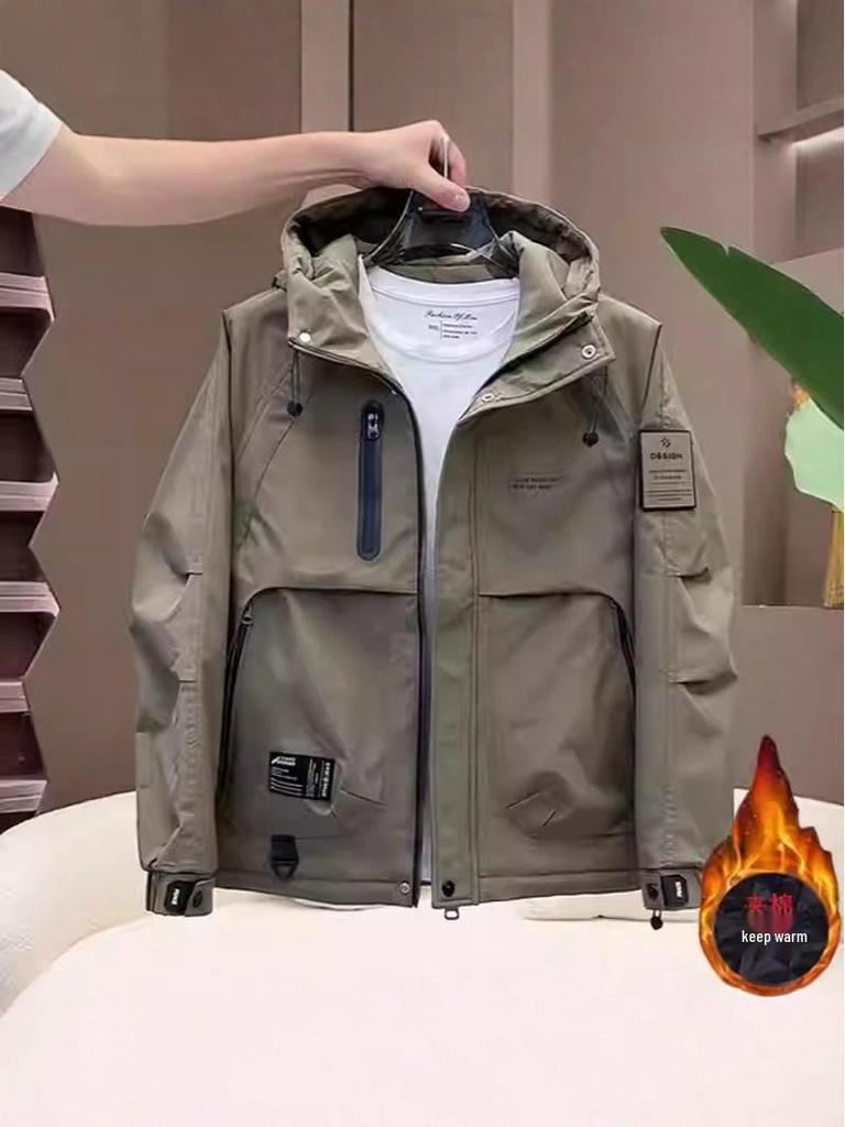 Herren Winddichte Kapuzenjacke aus Baumwolle - Frühling/Herbst 2025 Neuer Stil, Gefüttert, Verdickt, Trendmarke Winter Arbeitskleidung