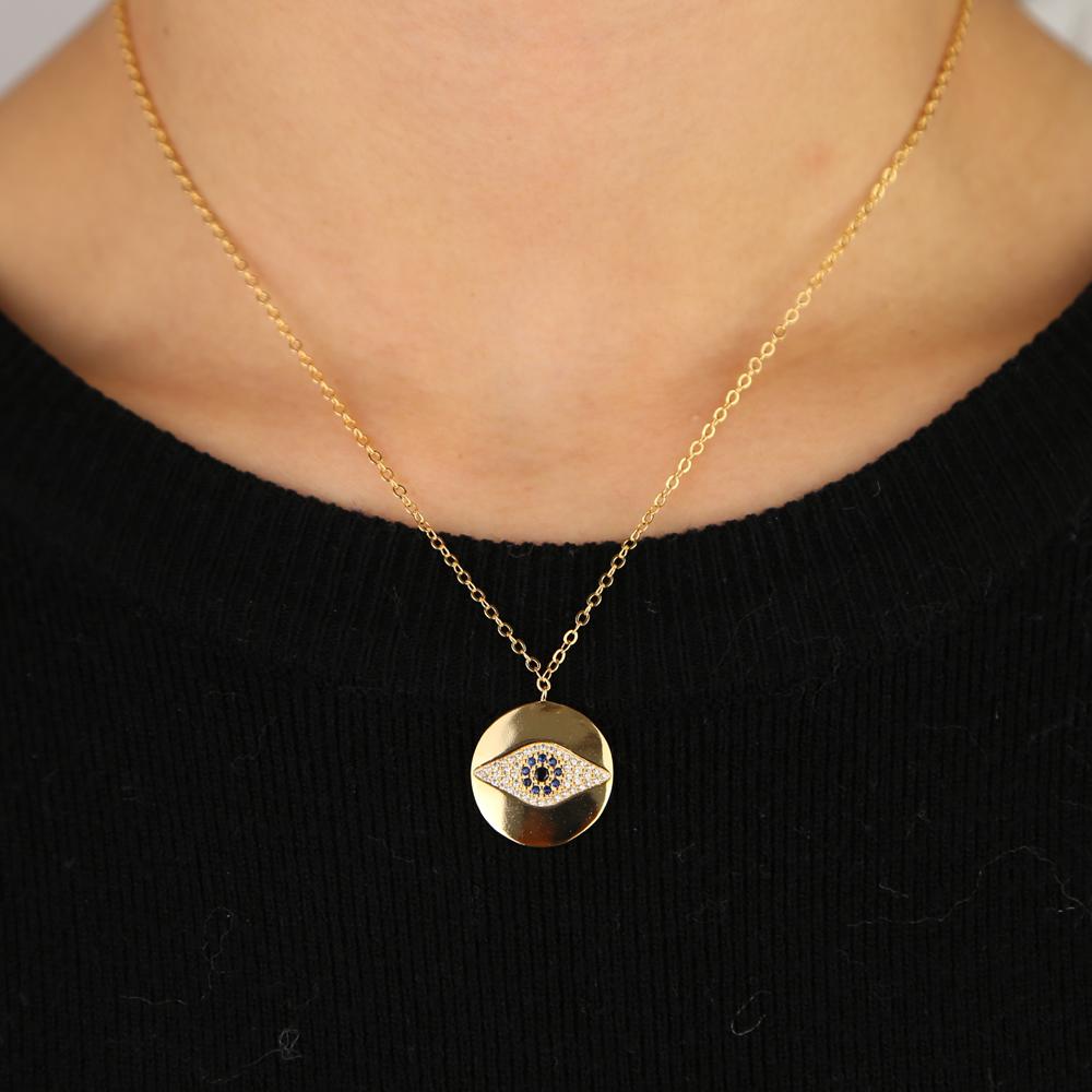 Promotion Round Coin Pendant Engraved Cz Eye Classic Simple Geometric Gold Necklace