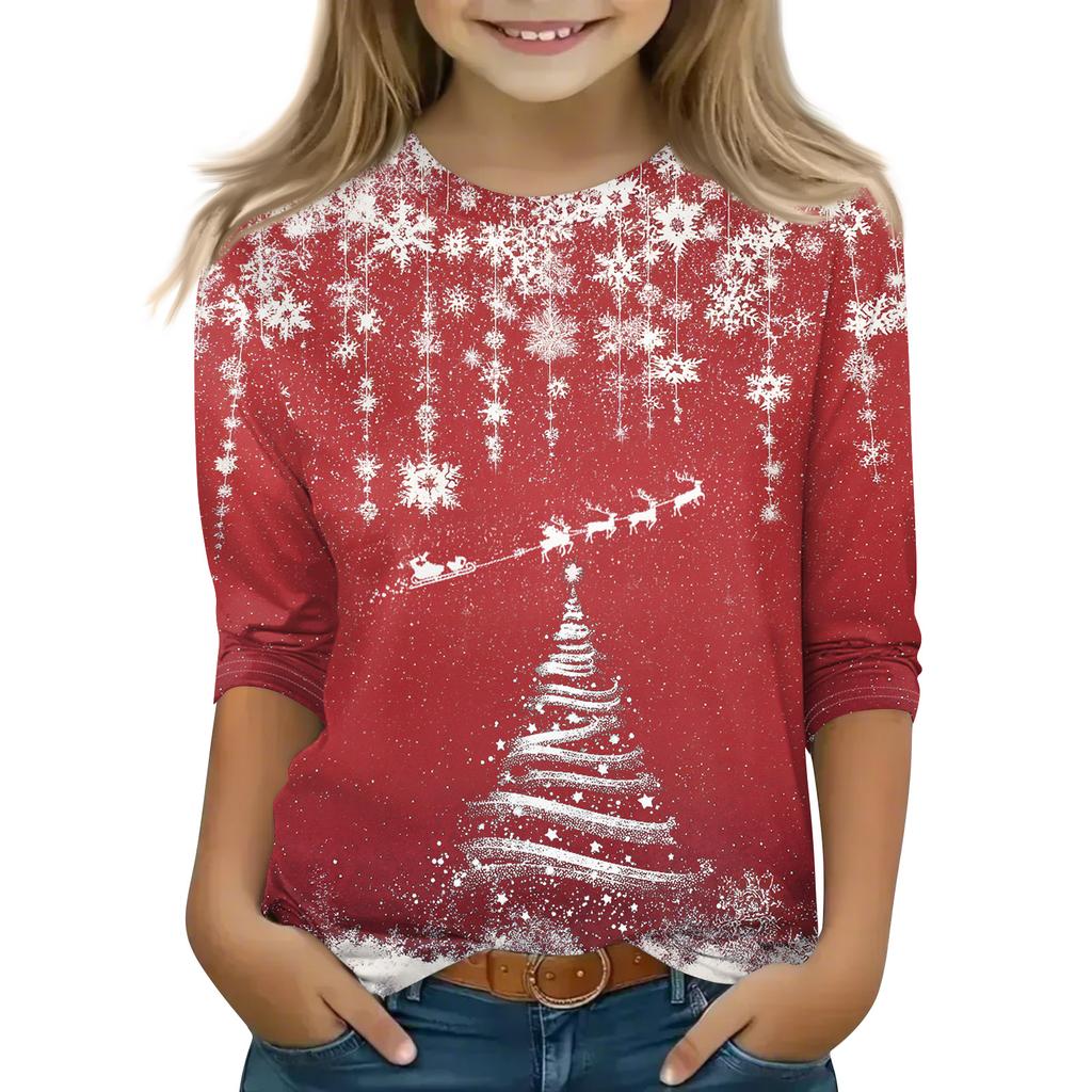 Christmas Day Print Tops For Youth Girls 4-11 Years Round Neck 3/4 Sleeves T-Shirts Trendy Tops Outfit Tees