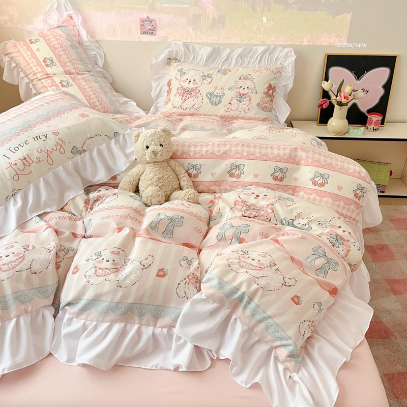 

2025 Новый Yunsoft Хлопок Корейский INS Снижение Возраста Кружево Мультяшный Четырехпредметный Комплект Комплект Пододеяльника Комплект Постельного Белья для Девочек 1.5x2m 3pcs