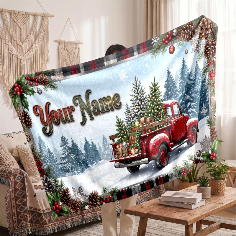 Christmas Custom Name Printed Flannel Blanket Warm Comfort Bed Throw Home Decor Holiday Gift