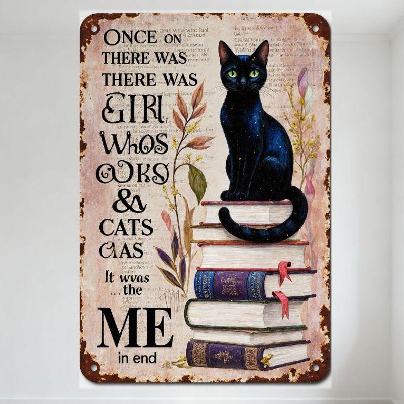 

Винтажная металлическая жестяная табличка Однажды жила девочка, которая любила книги и кошек , ржавый состаренный дизайн с черной кошкой на кол 20x30cm（7.8x11.8inch）