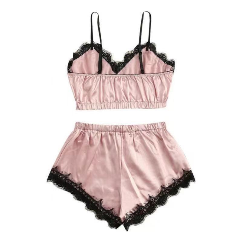 2025 Summer 2 Pcs Women's New Sexy Lace See-Through Pajamas Black Pink Cute Clothes Comfortable Breathable Suspender Shorts Set