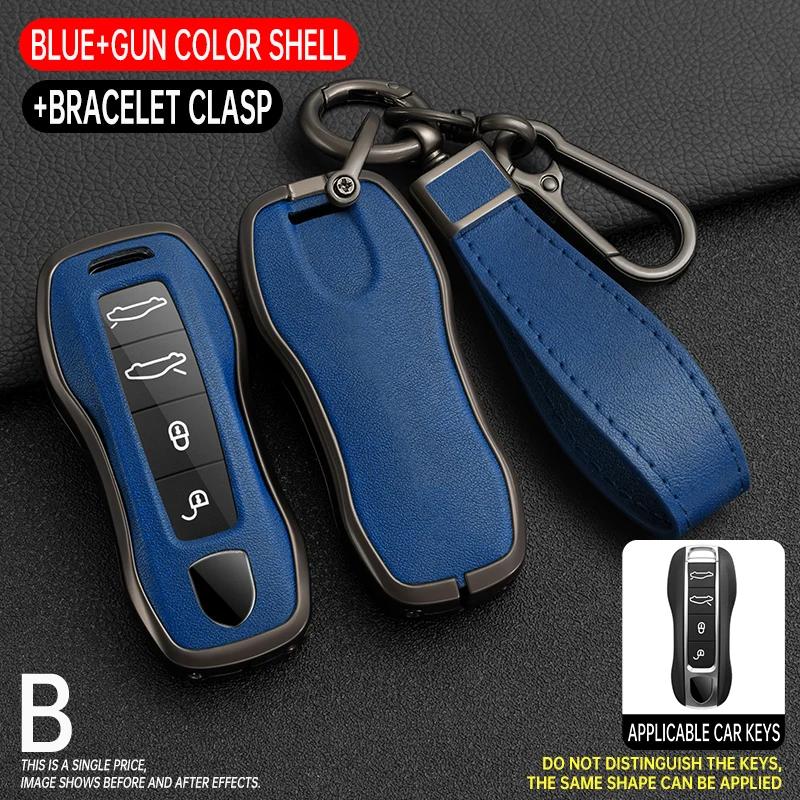 Zinc Alloy + Leather Car Key Case Cover Fob Holder For Porsche Cayenne Panamera 971 911 9YA Macan 718 Cayman Boxster 3 Remote