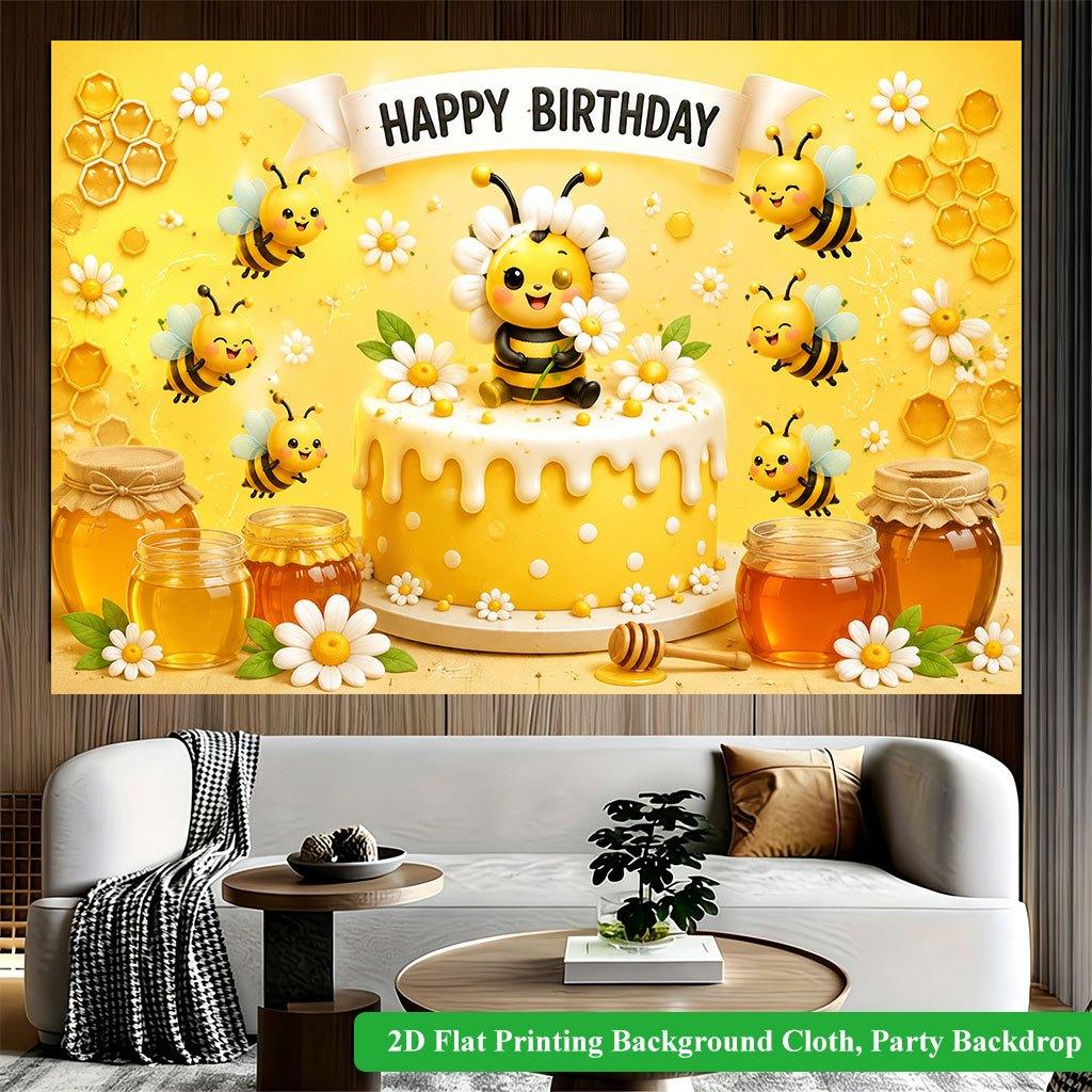 2D Flat Backdrop1pc Bee Cake Birthday Backdrop Banner Polyester Wall Decor For Living Room Bedroom Office Outdoor Decor Holiday Gift