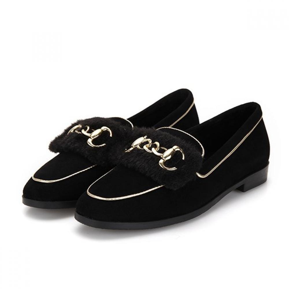 Barbara Suede Fur Gold Decoration Loafer Bbf554bk