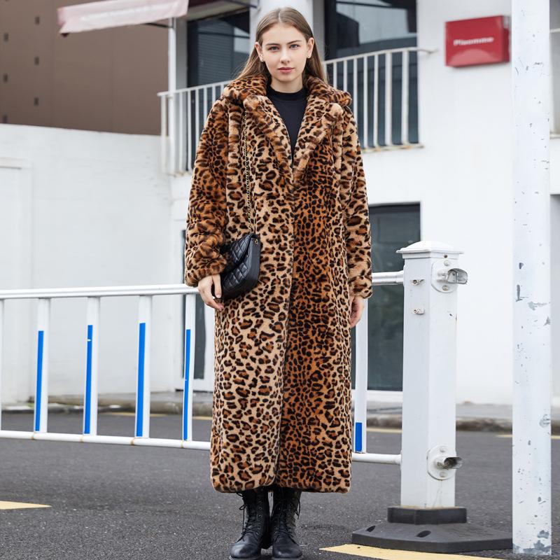 Women's Ultra-long Faux Fur Leopard Coat Full Fur Coat Women's Over The Knee Jacket