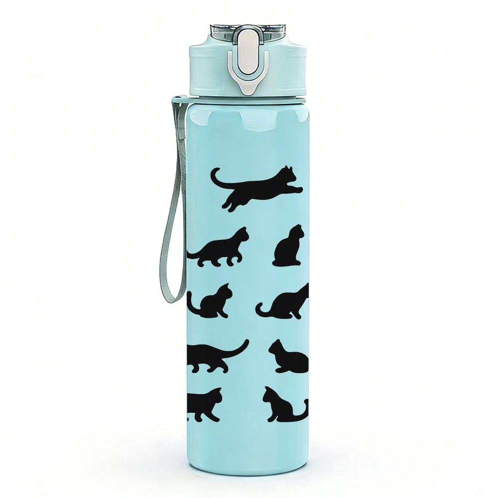 1PC Black Cat Silhouette Pattern 750ml Color Plastic Sports Water Bottle Leakproof Flip Straw Lid Suitable for Sports Office Home Use