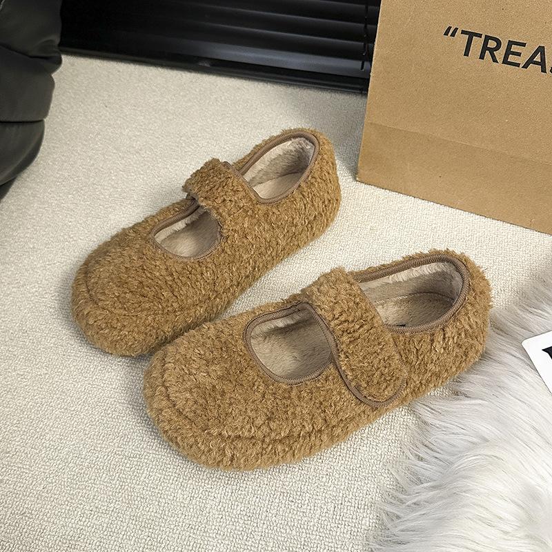 Leopard Print Mary Jane Fluffy Shoes Women's Winter 2025 New Ugly Cute Bread Cotton Shoes Velcro Flat Plush Single Shoes