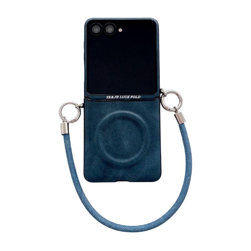Business Crazy Horse Pattern Magnetic Case for Samsung Z Flip7: Foldable, Anti-Drop, Anti-Lost Lanyard, Compatible with 6/5 Gen.