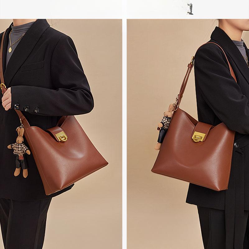 Bucket Bag Genuine Leather Women's Bag All Crossbody Bag Light Luxury Cowhide Shoulder Bag Hipster Commuter Bag