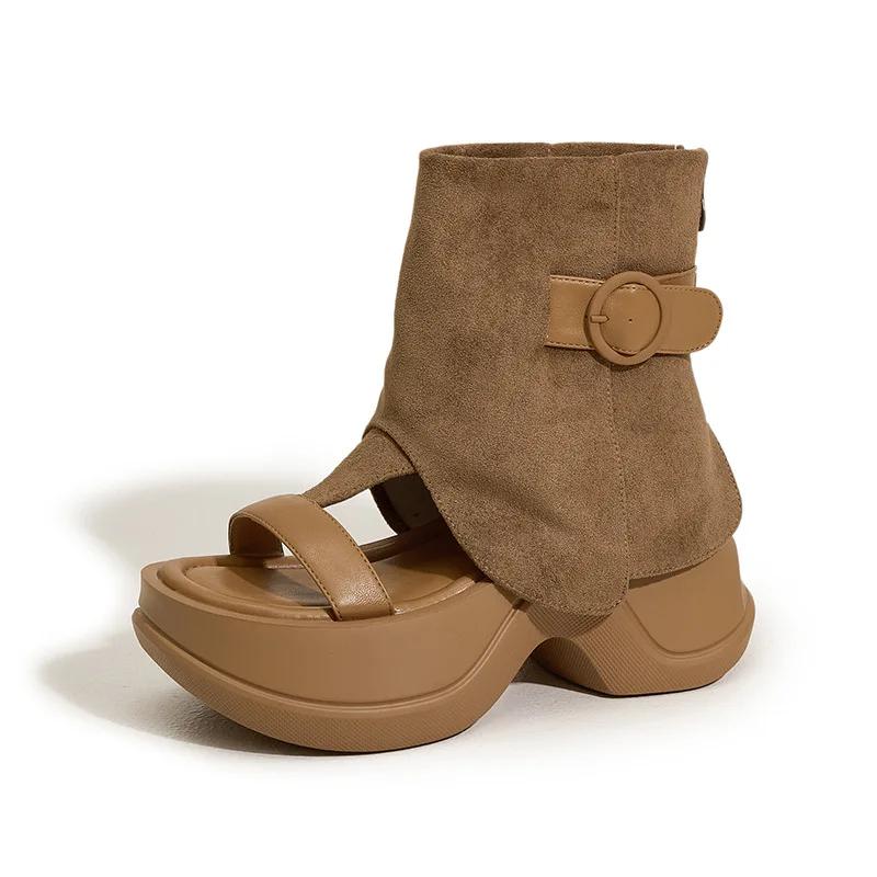 Fashion High Quality 8CM Ethnic Microfiber Leather Mary Jane Ankle Booties Sandals Women Platform Wedge Hollow Zip Peep Toe Shoes Summer