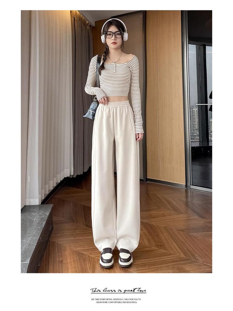 Women's Black Wide-Leg Drawstring Pants - Curved Knife Sports, Slimming, Loose, Casual, Spring/Summer 2026
