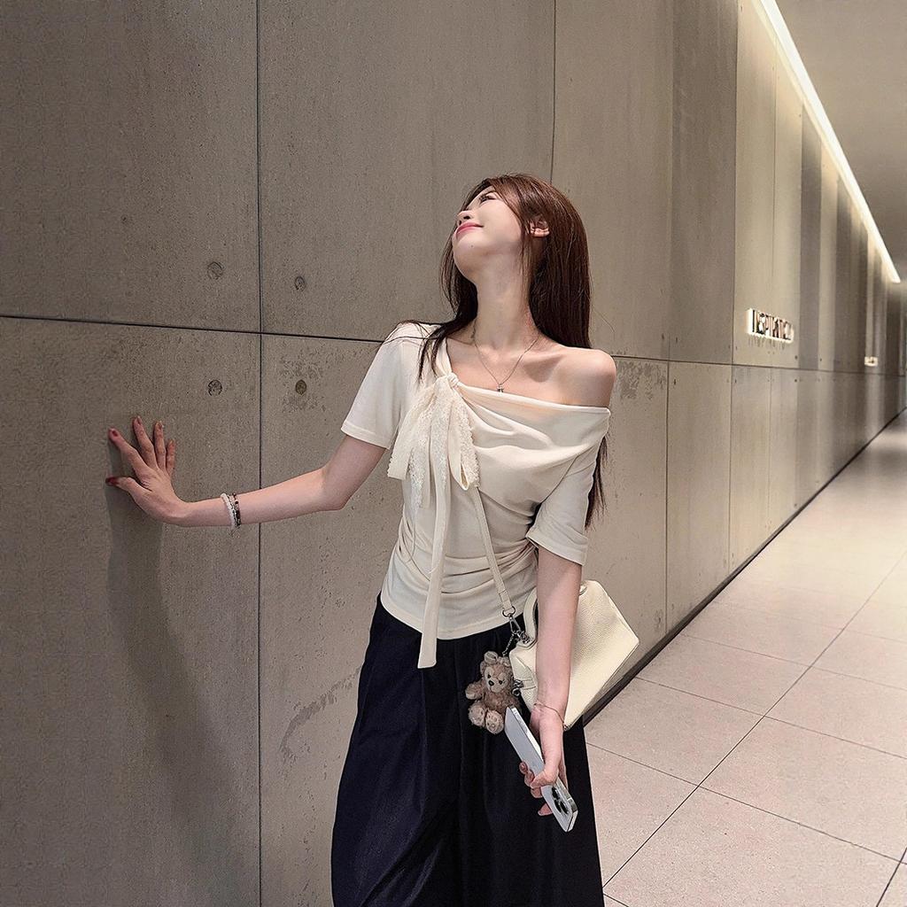 Summer Fashion Chic Sweet Age-reducing Slanted Shoulder Top Ins Korean Version Solid Color Slim-fitting Small Versatile Short-sleeved T-shirt