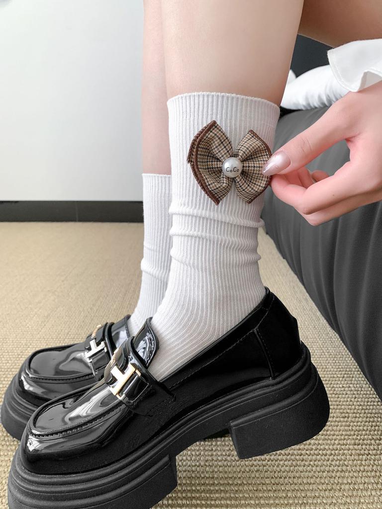 Bow Socks Versatile Stacked Socks Long Season Solid Color Double Needle Cotton Socks Gray Mid-Leg Socks