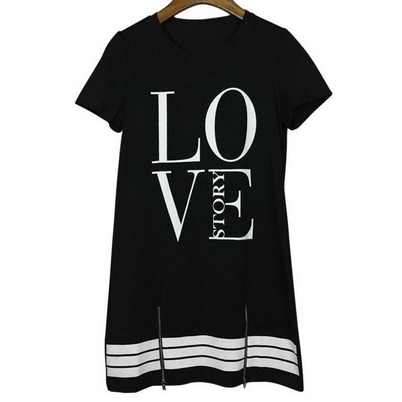 Elegant Sports Women Letter Love Printed Long T-shirt One-piece Casual Dress Zipper