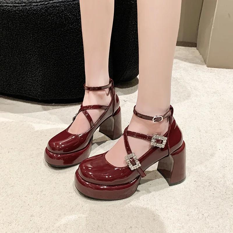

Fashion 2024 New Hot Selling Solid Color Fashionable Square Heel Rhinestone Buckle Women s Heeled Single Shoes Banquet Party Zapatos 35
