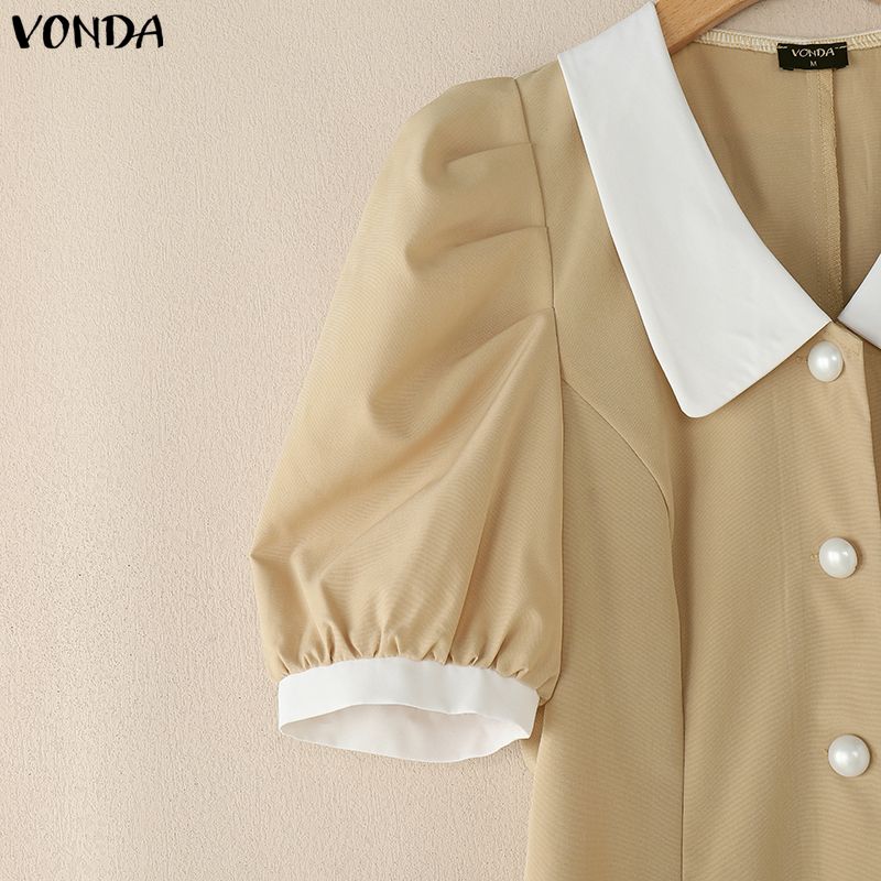 VONDA Elegant Women Lapel Neck Casual Puff Sleeve Nonelastic Fishtail Long Dress
