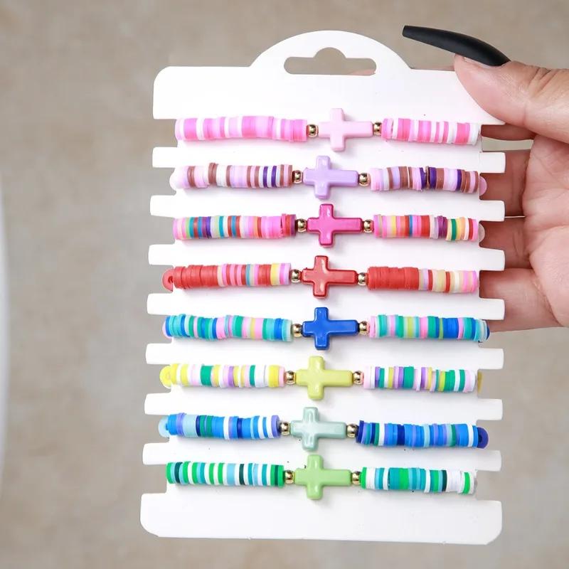 

Богемный набор разноцветных мягких глиняных браслетов-крестов, простые эластичные браслеты в пляжном стиле для женщин, аксессуары